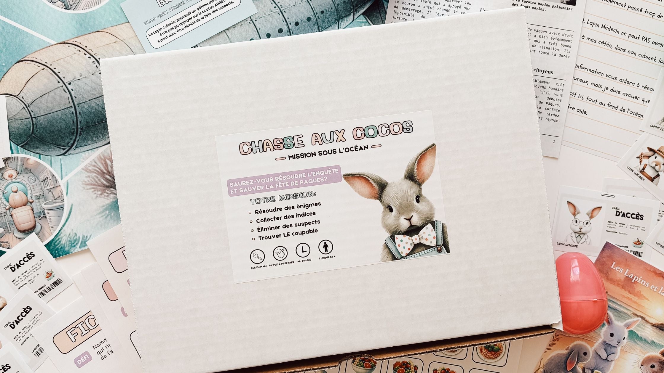 Chasse aux cocos - Mission sous l'océan : jeu d'enquête éducatif pour enfants dès 3 ans, conçu au Québec, sans chocolat.