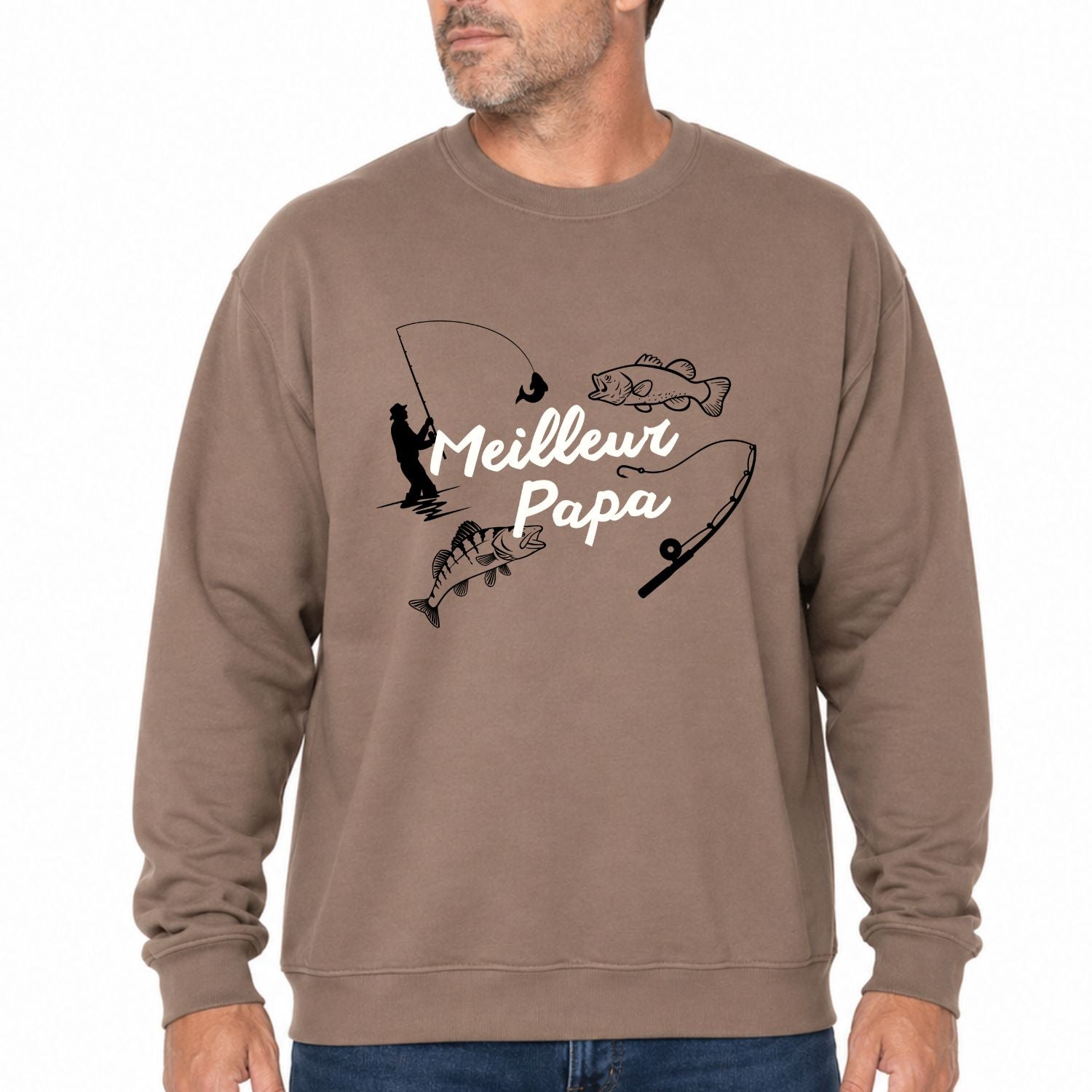 Crewneck pour hommes- Meilleur papa/pêche(Brun)