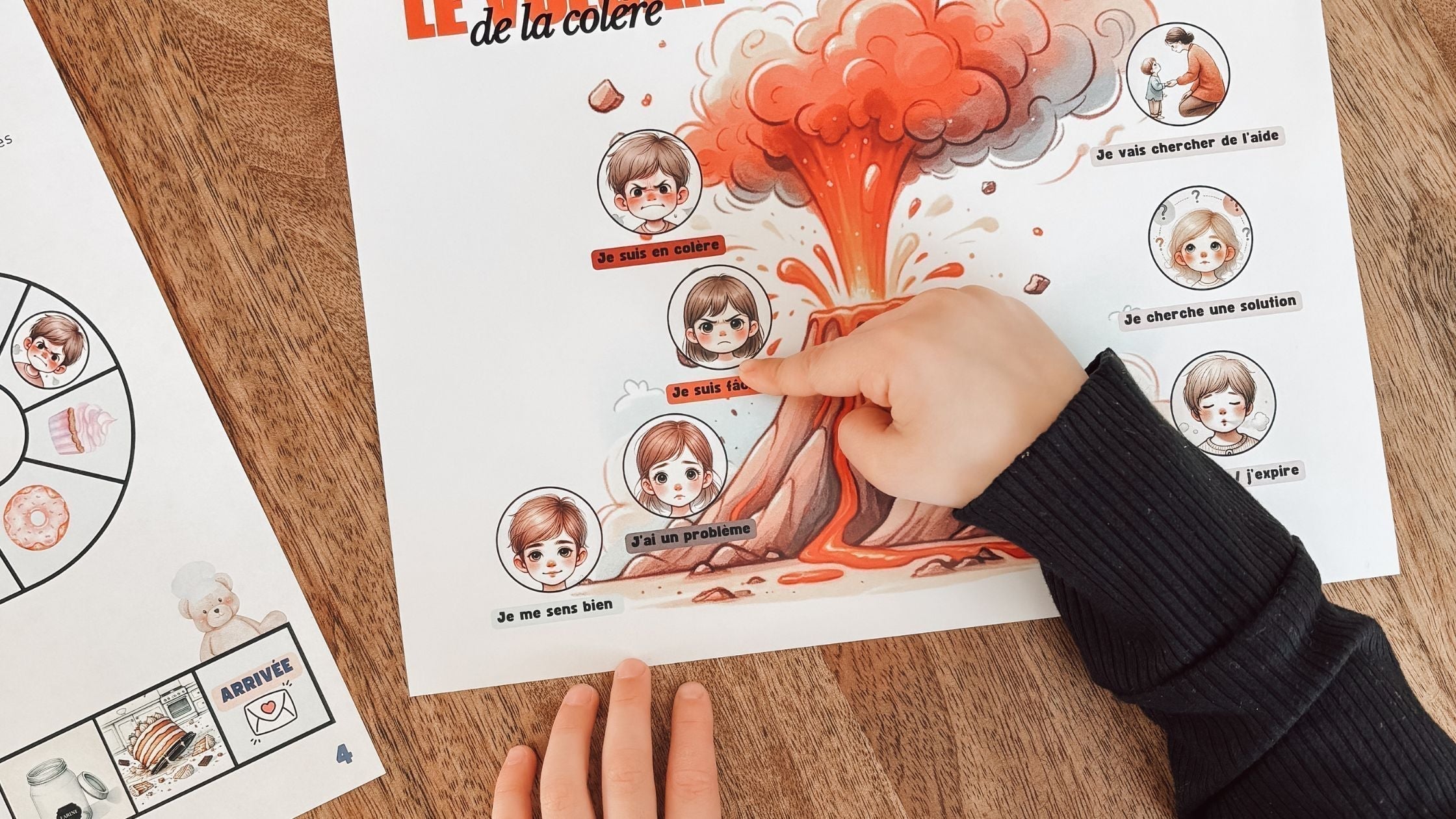 Affiche sur la gestion de la colère chez l'enfant avec un volcan et des étapes illustrées.